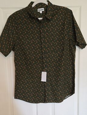 Abound Men's Olive Green Short-Sleeve Button-Up Shirt with Orange Dot Print